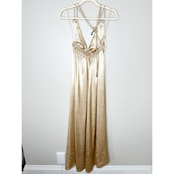 Free People Womens Look Into The Sun Gown Deep V Halter Neck Champagne Size S - Picture 12 of 13